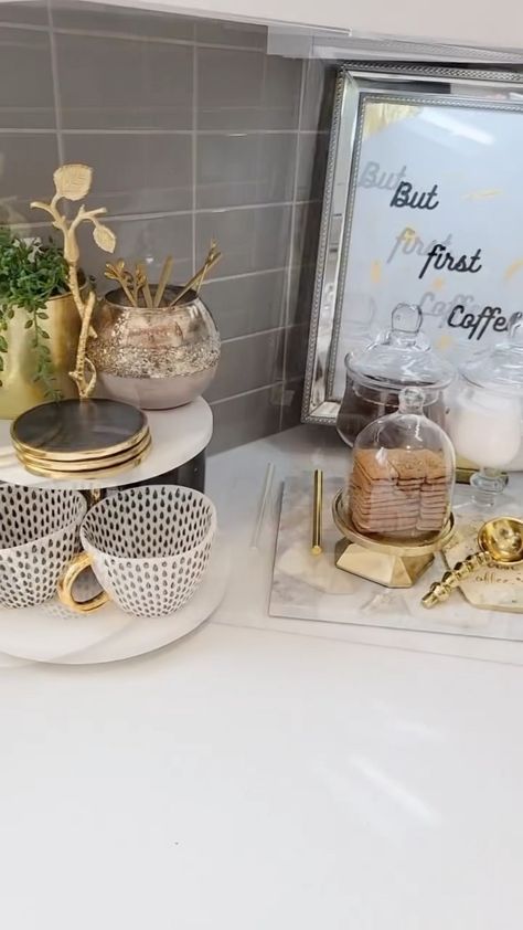 Glam Coffee Bar, Coffee Bar Cart, House Design Exterior, Tea Bar, Gold Glam, Coffee Station, Wine And Dine, Coffee Bar, Bar Cart