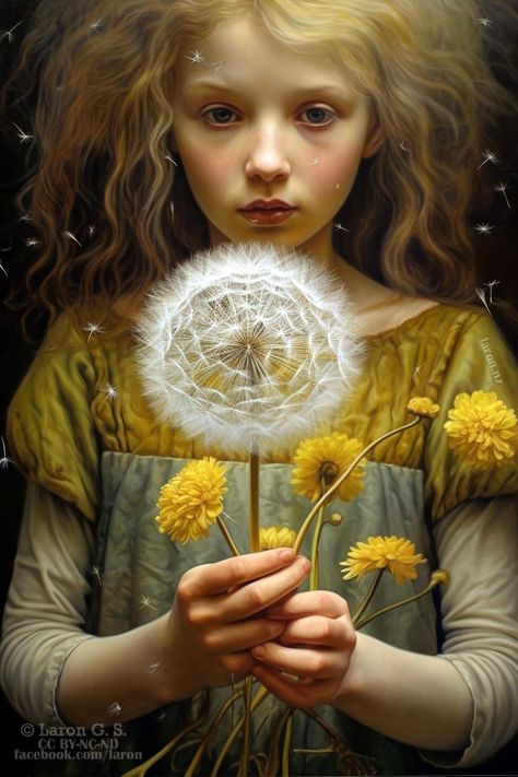 Art by Laron G. S. via Midjourney Sunflowers And Daisies, Sun Moon And Stars, The Dandelion, Dandelion Wish, Dandelion Flower, Model Paint, Ethereal Art, Moon And Stars, Yellow Flower