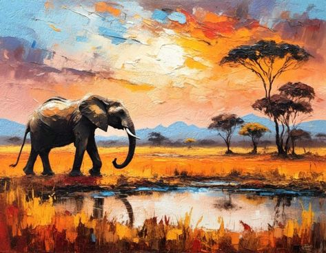 African Elephant at Sunset - Fiona and Gareth: A Creative Duo African Landscape Painting, African Savanna, Animal Action, African Sunset, Woodland Art, Elephant Painting, Africa Art, Z Arts, Equine Art