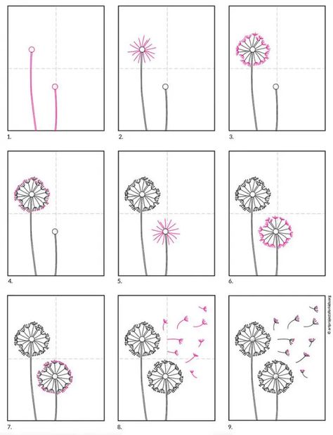 Dandilion Art, Draw Dandelion, Dandelion Tutorial, Draw A Dandelion, Elementary Art Lesson Plans, Dandelion Drawing, Spring Drawing, Dandelion Art, Tree Drawings Pencil