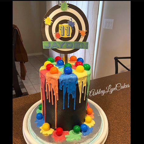 This was a fun cake to make, love the paintball theme! #ashleylyncakes #paintballcake #paintsplattercake #vanillacake #oreofilling… | Instagram Paintball Birthday Party Ideas, Paint Splatter Cake, Paintball Cake, Paintball Birthday Party, Paintball Birthday, Paintball Party, Oreo Filling, Birthday Menu, Sports Birthday Party