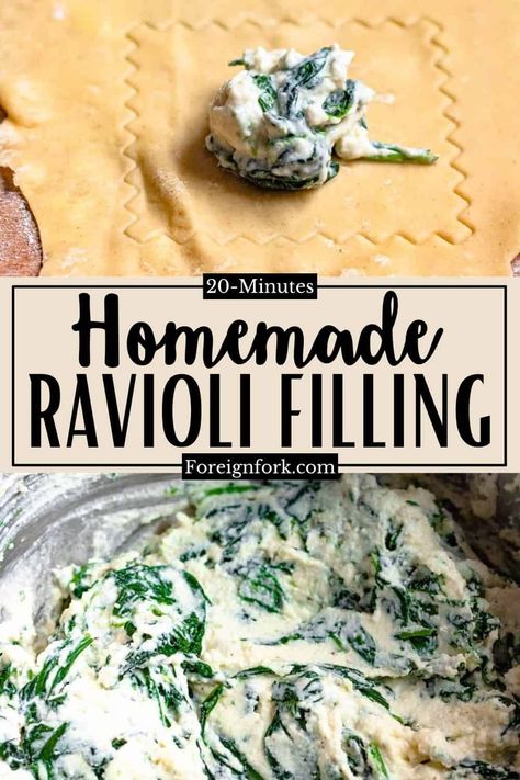 Ravioli Filling Recipe, Ravioli Recipe Filling, Ravioli Dough Recipe, Homemade Ravioli Filling, Cheese Ravioli Recipe, Making Ravioli, Ravioli Recipe Homemade, Spinach And Cheese Ravioli, Homemade Pasta Dough