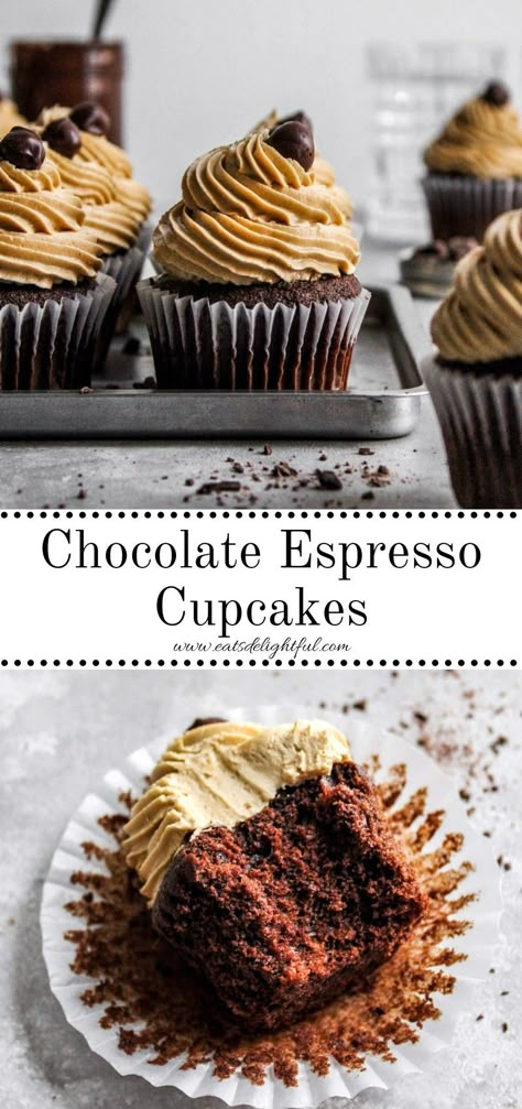 2 stacked images of frosted chocolate espresso cupcakes decorated with coffee beans: top image shows cupcakes on serving platter and bottom image shows cupcake with bite missing on table top Coffee Buttercream Frosting, Chocolate Coffee Cupcakes, Espresso Frosting, Cappuccino Cupcakes, Flavored Cupcakes, Espresso Cupcakes, Coffee Icing, Coffee Muffins, Cappuccino Recipe