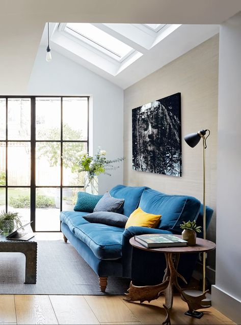 Wide format oak flooring with a blue velvet sofa and Crittall style glass doors Colourful Sofa, Living Room Decor Blue, Room Decor Blue, Blue Living Room Decor, Blue Velvet Sofa, Sofa Ideas, Oak Flooring, Trendy Living Rooms, Blue Sofa