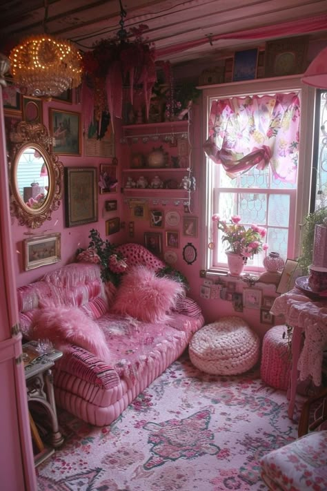 Pink Cottagecore Living Room, Girly Maximalist Decor, Pink Hippie Room, Vintage Girly Aesthetic, Girly Apartments, Girly Apartment Decor, Velvet Furniture, Heart Flutter, Cute Bedroom Decor