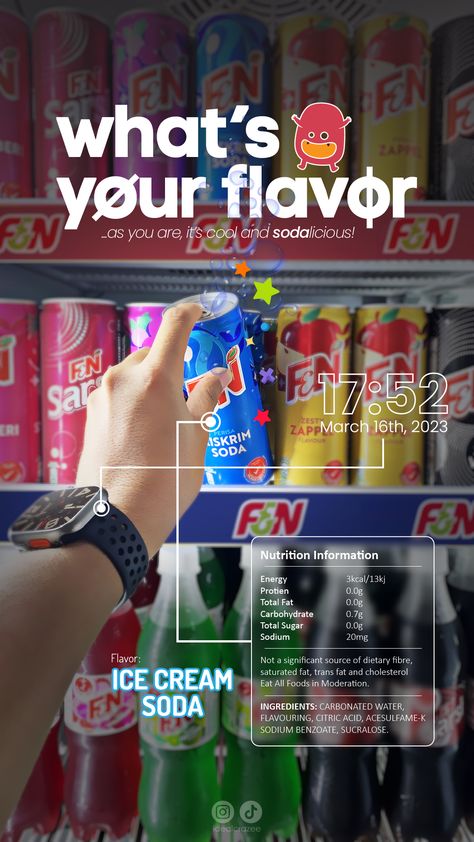 #idealcrazeeprojext #f&n #drinks #carbonateddrinks #flavor #soda #colddrinks #canneddrinks #applewatch #instagram #story #post #photoshop #illustrator Incense Packaging, Instagram Story Post, Copywriting Ads, Product Photoshoot, Soda Brands, Soda Drinks, Story Post, Cafe Branding, Drinks Brands