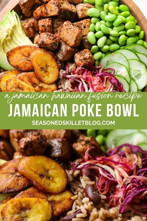 The Jamaican Poke Bowl is a fusion of Hawaiian, Japanese, and Caribbean cuisine; it has the fixings of a traditional poke bowl with jerk salmon, rice and peas and fried plantains added for an epic island twist. This Jamaican bowl recipe is easy enough for meal prep and makes for a healthy, wholesome lunch or dinner! Pacific Island Recipes, Jerk Salmon Bowl, Hawaiian Bowls, Jamaican Bowl, Cuban Bowl Recipe, Healthy Caribbean Recipes, Hawaiian Cuisine, Poke Bowl Recipe, Salmon Rice Bowl