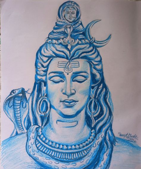 Mahadev Soft Pastel Art, Shiv Oil Pastel, God Drawing Hindu, Siva Art, Shiv Parvati Drawing, Lord Paintings, Shiv Drawing, Gods Pictures, Shiv Painting