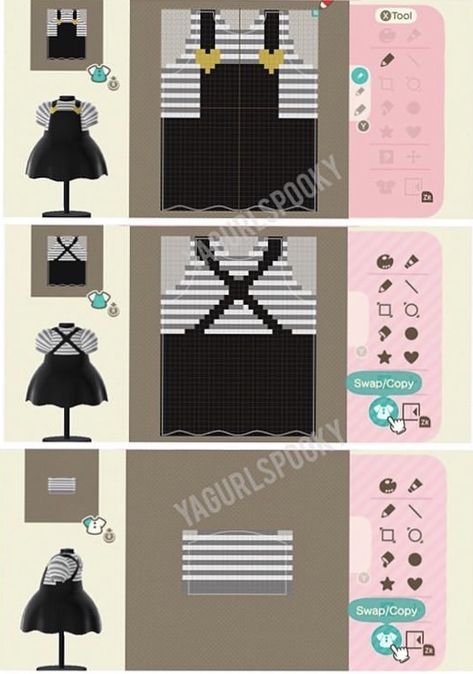 Acnh Long Dress Design Grid, Animal Crossing Dress Pattern, Animal Crossing Clothing Patterns, Acnh Clothes Pattern Grid Goth, Animal Crossing Grid Design, Animal Crossing New Horizon Motif, Animal Crossing Clothes Pattern Grid, Animal Crossing Outfits Design Grid, Acnh Clothes Pattern Grid