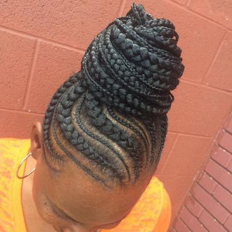 High Black Braided Bun                                                                                                                                                                                 More Cornrow Top Bun, Natural Hair Braids Updo, Braided Hairstyles Updo For Work, Cornrow Braid Bun Styles, Updo Braids For Black Hair High Bun, Cornrows Updo Bun, Braided Up Do For Black Women, Updo Braided Hairstyles For Black Women, Goddess Braids Bun