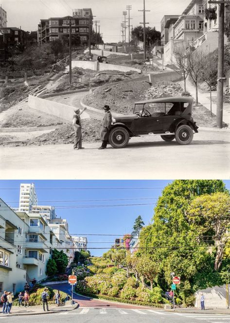 15 Before And After Pictures That Show The Astounding Passage Of Time – InspireMore Lombard Street San Francisco, Then And Now Pictures, Historic Pictures, Property Owner, San Francisco Photos, New York Harbor, Lombard Street, California History, North Beach