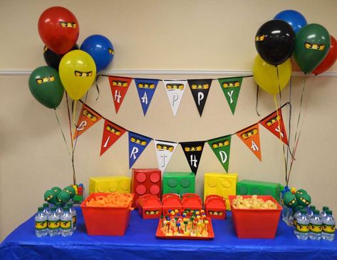 Lego Ninjago Party Decorations, Lego Ninjago Decorations, Ninjago Birthday Theme, Ninjago Themed Birthday Party, Ninjago Birthday Party Cake, Ninjago Birthday Party Decorations, Ninjago Birthday Decorations, Ninjago Party Ideas, Ninjago Party Decorations