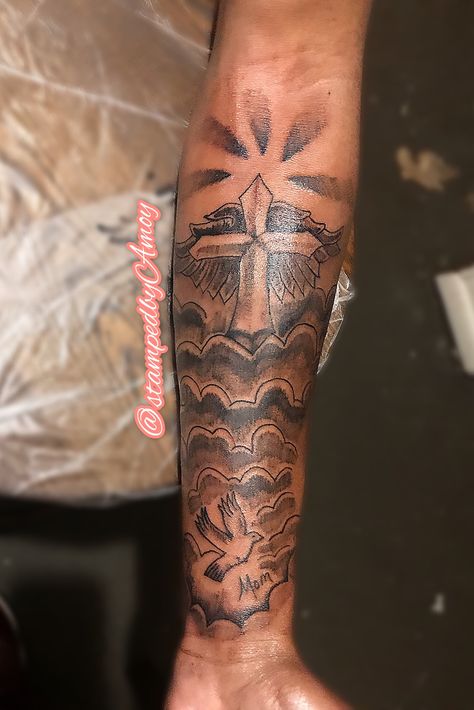 Cloud Dove Tattoo, Forearm Tattoo Men Sleeve Clouds Doves, Light Skin Tattoos Men Arm, Cross Forearm Tattoo Men Half Sleeves, Lower Sleeve Tattoo Men, Cross Clouds Tattoo, Cross With Clouds Tattoo, Clouds Tattoo Sleeve, Half Sleeve Tattoos For Men Lower Arm