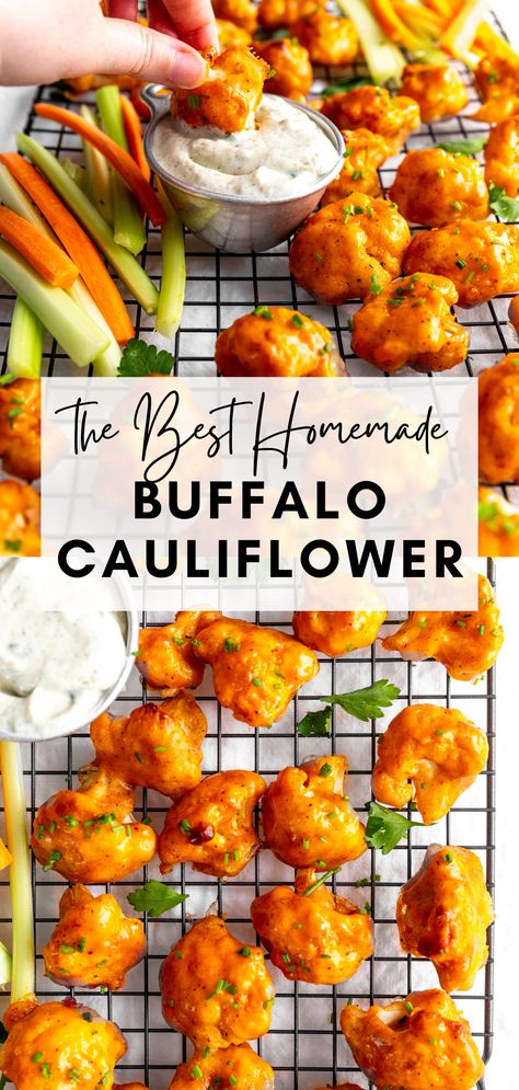 Tender, crispy cauliflower florets breaded to perfection and brushed with tangy buffalo sauce. The perfect game day snack! #buffalocauliflower #cauliflowerrecipe #veganrecipe #veganappetizer #gameday Buffalo Cauliflower Oven, Erewhon Buffalo Cauliflower, Cauliflower Buffalo Bites, Crispy Buffalo Cauliflower, Buffalo Cauliflower Recipes, Baked Buffalo Cauliflower, Vegan Buffalo Cauliflower, Food Planning, Vegan Appetizers Recipes