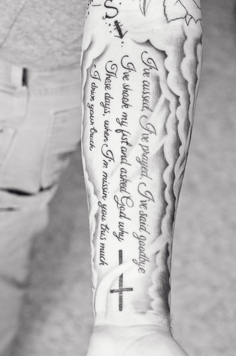 Song Quote Tattoo, Remembrance Tattoo,Tattoo for Dad, Sleeve Tattoo, Lee Brice, Cross Tattoo Tattoo Ideas For Loved Ones Who Passed Forearm, Tattoo For Grandma Passing For Men, Forearm Tattoos For Passed Loved Ones, Rememberence Tattoos, Destined For Greatness Tattoo, Rest In Peace Tattoos For Men Forearm, Rip Grandma Tattoo For Men Forearm, Scripture Tattoos For Men Forearm, Forearm Sleeve Bible Verse