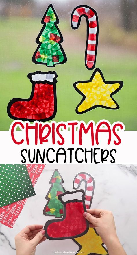 Christmas Suncatchers Craft- such a fun Christmas craft for kids! Make a Christmas Tree, Candy Cane, Stocking or Star! Click through to the post for the free printable templates. Christmas Suncatcher Craft, Christmas Window Craft, Christmas Sun Catchers For Kids, Christmas Suncatchers For Kids, Candy Themed Crafts, Christmas Craft Kindergarten, Christmas Sun Catchers, Kids Suncatcher Craft, Christmas Sun Catcher