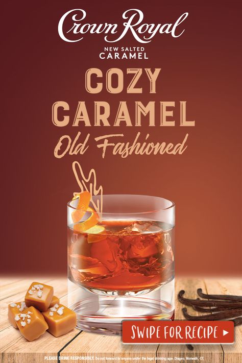 This drink is like an old fashioned that always wears flannel. Warm Crown Royal Salted Caramel pairs up with chocolate and vanilla for a cocktail worthy of bonfires and book clubs. DIRECTIONS: Pour 1⁄4 oz vanilla syrup and 1 dash of chocolate bitters into a glass and stir. Add a couple ice cubes, pour in 11⁄2 oz Crown Royal Salted Caramel and stir. Garnish with an orange peel. Salted Caramel Crown Royal Drinks Recipes, Salted Caramel Crown Royal, Crown Royal Salted Caramel, Salted Caramel Drinks, Caramel Drink, Crown Royal Recipes, Crown Drink, Chocolate Bitters, Crown Royal Apple