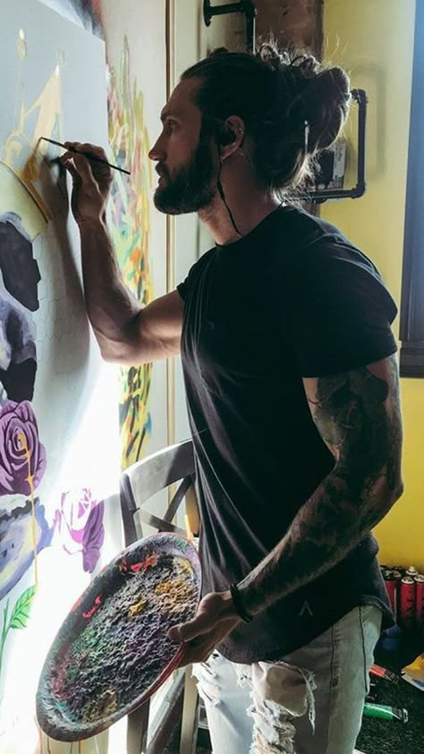 William Tyler, Long Hair And Beard, Painter Photography, Aesthetic Books, Men Photography, Male Artist, Man Bun, Artist Aesthetic, Long Hair Styles Men