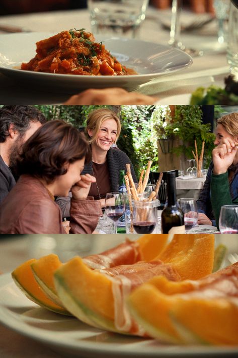 In EAT PRAY LOVE, Rome began the nourishing of Liz Gilbert’s soul. She learned to enjoy simple pleasures of eating with friends, and the joy of “dolce far niente” - the sweetness of doing nothing. Julia Roberts, who plays Liz, said, “All the scenes were very fun to shoot, speaking in Italian at a thousand miles a minute with lots of pasta and wine around.” Accomplished food stylist Susan Spungen was on hand to provide all delicacies seen on film. Watch it now on AppleTV at a limited time offer. Eat Pray Love Food, Eat Pray Love Italy, Eat Pray Love Aesthetic, Eat Pray Love Movie, Eat Love Pray, Susan Spungen, Movies Set In Italy, Eating With Friends, Liz Gilbert