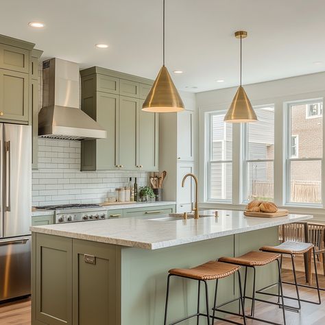 Beautiful sage green cabinets! Kitchen Island Sage Green, Sage Green Island Kitchen, Green Island Kitchen, Sage Green Island, Sage Green Cabinets, Blonde Flooring, Green Kitchen Island, Green Island, Kitchen Colour Schemes