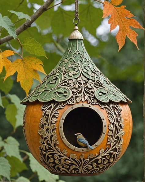 Bird Feeder In Garden, Gourd Birdhouse Ideas, Unique Bird Houses Diy Birdhouse Designs, Birdhouse Gourds Ideas, Bird House Gourds, Bird House Designs, Whimsical Bird Houses, Gourd Bird Houses, Birdhouse Painting