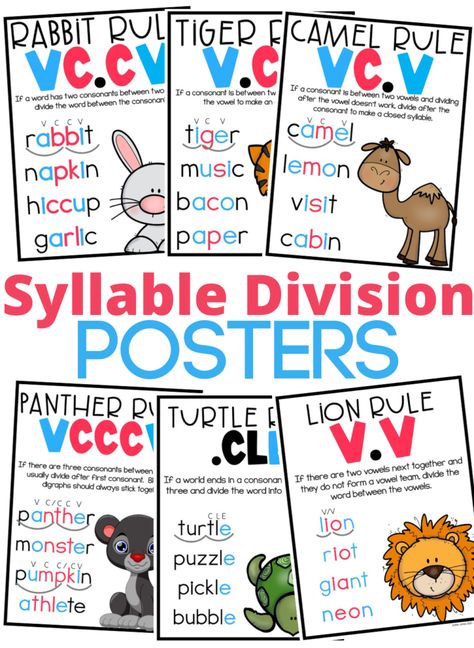 Syllable Division Rules Students Should Know and Understand - Syllables Division Rules, Syllable Division Anchor Chart, Teaching Syllables First Grade, Syllable Division Worksheets, Phonics Posters 1st Grade, Syllable Division Rules, Syllable Rules, Teaching Syllables, Division Posters