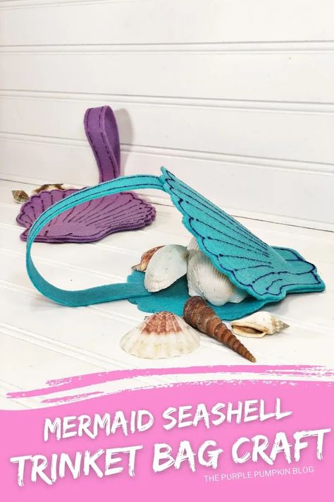 This adorable Mermaid Seashell Bag Craft is the perfect craft activity for Mermaid-themed parties or sleepovers. You will need felt, glitter glue, the free printable seashell template, and around 30 minutes! Seashell Template, Mermaid Activities, Seashells Template, Sleepover Crafts, Felt Mermaid, Seashell Bag, Trinket Bag, Cheap Craft Supplies, Mermaid Seashell