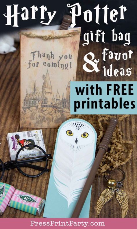 Harry Potter Gift Bags DIY and Unique Favor Ideas - Planning a Harry Potter party? Discover how to create enchanting favor bags with our DIY guide! Perfect for birthday parties, these easy-to-make favor bags are filled with unique, budget-friendly goodies like wand pencils, snitch key chains, Hedwig bookmarks, Harry Potter stickers, and Honeydukes chocolate including free printables. Impress your guests with these magical bag ideas they'll love. Press Print Party! Harry Potter Gift Bag Ideas, Harry Potter Party Favors Goodie Bags, Harry Potter Themed Gifts Diy, Harry Potter Teen Birthday Party, Harry Potter Favor Bags, Harry Potter Gift Bags, Harry Potter Birthday Favors, Harry Potter Craft Ideas, Wand Pencils