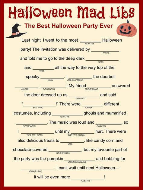 Adult Halloween Mad Libs Printable Disney Mad Libs Free Printable, Halloween Word Scramble Free Printable, Halloween Mad Libs Free Printable, Halloween Crossword Free Printable, Free Halloween Activity Printables, Halloween Worksheets Free Printable, Halloween Teaching Ideas, Halloween Ideas For Adults, Eve Mad