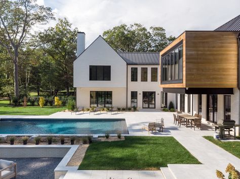 This Home's Unique Shape is Designed to Capture Sunlight  @AlmostHomeFL #home #realestate #architecturelovers #daylight #design #swfl L Shaped House, Old Westbury, Modern Farmhouse Design, Corner House, White Brick, Farmhouse Design, L Shape, Home Interior, A House