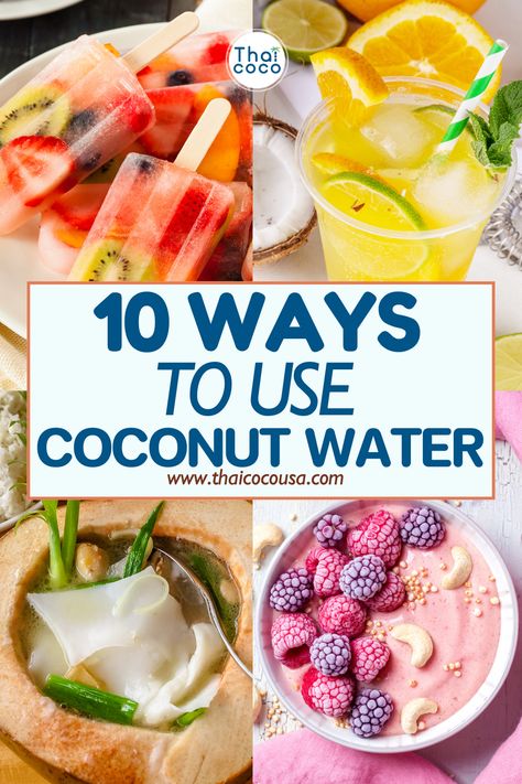 Discover 10 ingenious ways to use coconut water beyond just sipping it straight! From refreshing smoothies to hydrating popsicles and even as a base for cooking grains, this versatile ingredient adds a tropical twist to your favorite recipes while keeping you hydrated and nourished. Whether you're looking for new culinary adventures or simply seeking ways to stay refreshed, these creative coconut water hacks will elevate your kitchen game. Uses For Coconut Water, Recipes Using Coconut Water, What To Do With Coconut Water, Ways To Use Coconut Water, Coconut Water Drink Recipes, Coconut Water Popsicles, Coconut Water Drinks, Coconut Water Recipes, Refreshing Smoothies