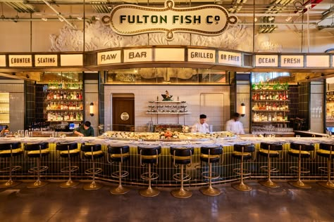 Tin Building, Jules Verne Restaurant, Tin Building New York, Jean Georges Restaurant, Restaurant Lighting Design, New York Pizza Shop, Gilt Bar Chicago, Fish Restaurant, New York Subway 1970s