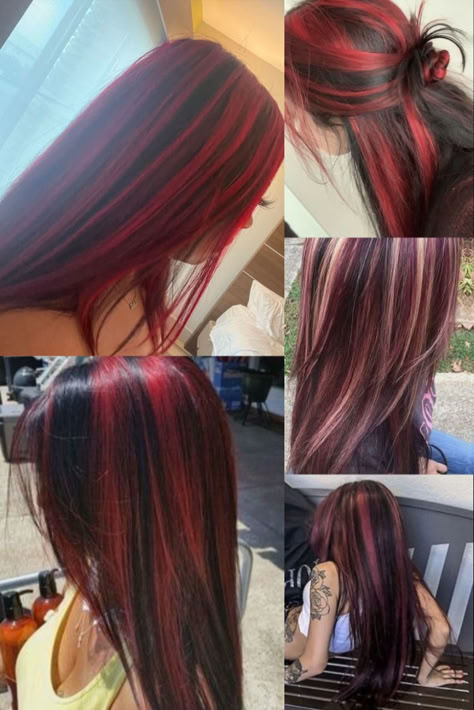 #trendyhair #pinkhair #redhair #hairinspo #beautifulhair #straighthair #stripedhair #y2kstyle #grungehair #hairtrends #hairgoals #hairideas #haircolor #hairfashion #hairinspiration #hairlove #haircrush #hairaddict #hairvibes #hairgame #hairtrendsetter #hairfashionista #hairinspoideas #hairinspoforwomen #hairinspoforgirls #hairinspoforher #hairinspoforall #hairinspoforanyone #hairinspoforanyoccasion #hairinspoforanyseason #hairinspoforanylook Red And Black Hair Draculaura, 2000s Chunky Highlights Red, Red Hair With Black Lowlights, Chunky Highlights With Raccoon Tail, Strawberry Blonde And Black Hair, Jet Black Hair With Red Highlights, Skunk Hair Stripe, Em Ma Hair, How To Do Chunky Highlights