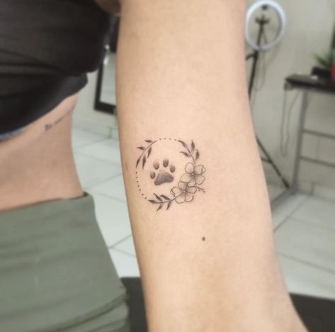 Delicate Dog Paw Tattoo, Paw Print Tattoo Flowers, Cat Paw Print Tattoo With Flowers, Flower And Paw Print Tattoo, Paw Flower Tattoo, Paw Print And Flower Tattoo, Paw Print With Flowers Tattoo, Paw Print Tattoo With Flowers, Paw Print Flower Tattoo