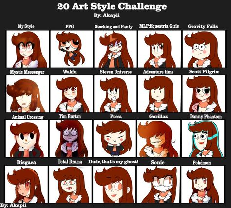 20 Art Style Challenge! by AkapiiART Oc Style, Challenge Template, Kpop Nails, Different Drawing Styles, Small Drawing, Art Style Challenge, Drawing Styles, Anime Outfit, Creative Drawing Prompts