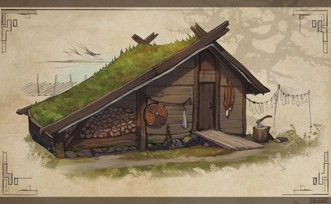 ArtStation - Viking cottage, Frida E. Arntsen Viking House Design, Viking Cottage, Houses Concept Art, Viking Buildings, Viking Houses, Nordic Architecture, Grass Is Always Greener, Viking House, Viking Village