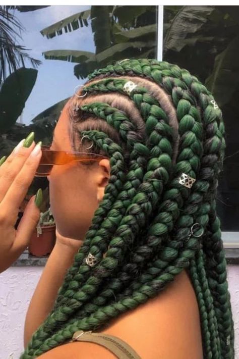 Cornrows Braids Green Cornrows Braids, Green And White Braids, Green Cornrows, Dark Green Box Braids, Green And Blonde Braids, Green Braids For Black Women, Box Braids Green, Green Box Braids, Box Dreads