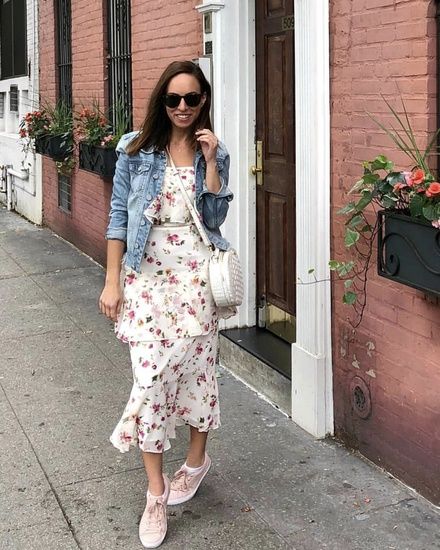 A floral dress and sneakers with a denim jacket in the city  #ShopStyle #shopthelook #SpringStyle #MyShopStyle #SummerStyle #TravelOutfit #OOTD Floral Dress With Sneakers, White Floral Dress Outfit, Floral Dress Outfits, Shrug For Dresses, Casual Skirt Outfits, Floral Dress Casual, White Floral Dress, Spring Outfits Women, Casual Work Outfits