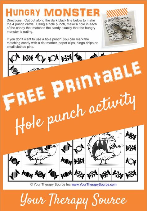 Hole Punch Free Printable Hungry Monster Hole Punch Activities, Hungry Monster, Kids Email, Fun Halloween Activities, Hand Strengthening, Pediatric Physical Therapy, Pediatric Occupational Therapy, Pediatric Therapy, Theme Halloween