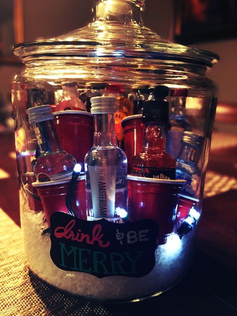 Party in a Jar! Creative white elephant gift idea. Mini bottles of alcohol, battery operated lights and mini shot glasses. Bar In A Jar White Elephant, Mini Bar Gift Basket, White Elephant Gift Ideas Alcohol, Mini Shot Bottles Gifts, Mini Bottles Of Alcohol Gifts Christmas, Mini Alcohol Bottles Gifts Christmas, Alcohol White Elephant Gifts, Shots Gift Ideas, Mini Bar In A Jar Gift