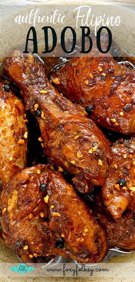 Chicken cooked in soy sauce and vinegar and lots of garlic. Chicken Adobo Filipino, Philippine Recipes, Adobong Pusit, Phillipino Food, Filipino Chicken Adobo, Easy Filipino Recipes, Foxy Folksy, Philippines Recipes, Adobo Recipe