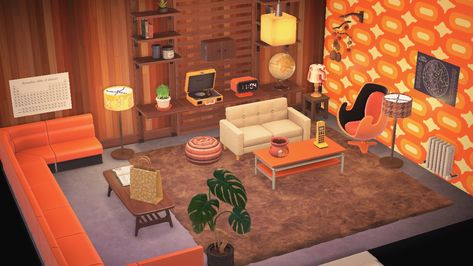 #animalcrossingnewhorizons #70s Animal Crossing Retro Room, Acnh Retro Room, Mid Century Modern Animal Crossing, Audie Acnh Home, Animal Crossing Retro Design, Retro Animal Crossing Island, Acnh Retro Island, Acnh Retro Designs, Animal Crossing 70s