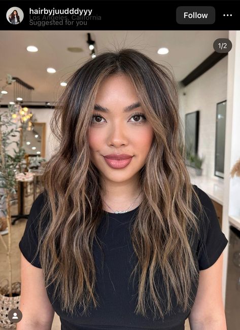 Hair 2024 Trends Women Color, Tan Asian Hair Color, Asian Highlights Hair, Mini Highlights, Foliage Hair, Highlights For Dark Brown Hair, Hair Color Asian, Black Hair Balayage, Brown Hair Inspo