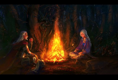 Campfire Drawing, Fire Drawing, Campfire Stories, Game Illustration, Fire Art, Modern Fantasy, Camping Art, High Fantasy, Fantasy Illustration