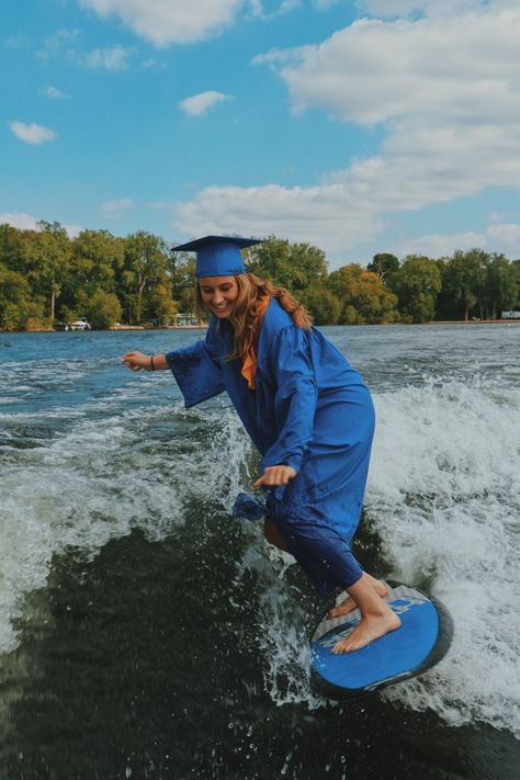 Wake Surfing Graduation Pictures, Surfing Graduation Pictures, Surfing Pics, Wake Surfing, Senior Things, Grad Hat, Senior Ideas, Male Senior Pictures, Senior Activities