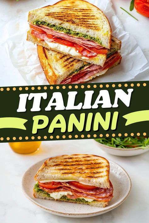 This grilled Italian panini is full of so much goodness! The combo of salami, mozzarella, tomatoes, prosciutto, and pesto is a treat for the tastebuds. Grilled Panini Recipes, Italian Panini Recipes Sandwiches, Pesto Panini Sandwiches, Grilled Panini Sandwiches, The Best Panini Recipes, Salami Sandwich Ideas, Best Panini Sandwiches, Italian Panini Sandwiches, Sourdough Panini Recipes