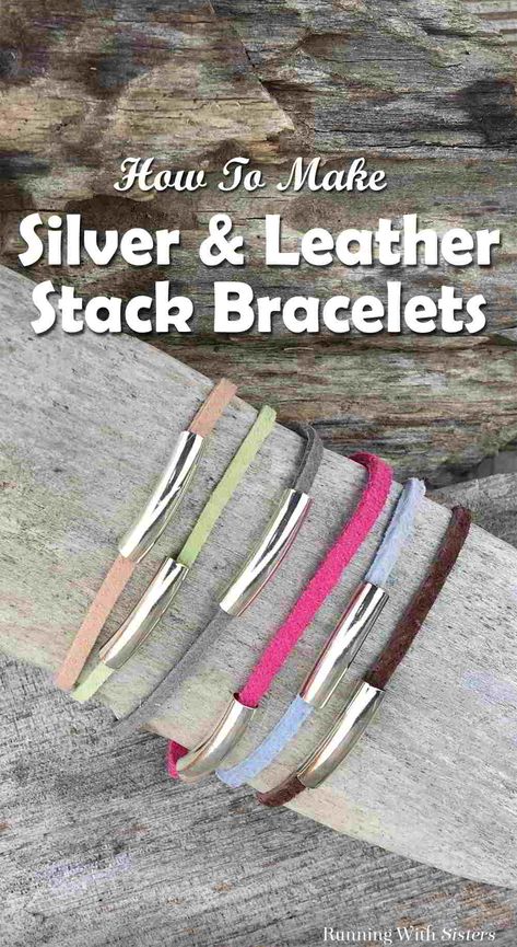 Silver and Leather Stack Bracelets - Learn how to make these simple stack bracelets with adjustable sliding clasps out of colorful leather cords and silver tube beads. Includes step by step instructions and a complete video tutorial. Stack Bracelets, Tree Of Life Bracelet, Personalized Leather Bracelet, Stacking Bracelets, Presents For Mom, Leather Wrap Bracelet, Diy Schmuck, Tube Beads