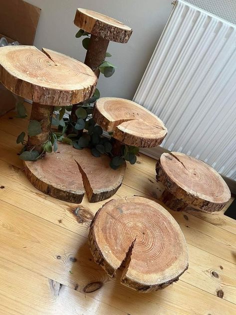 Dessert Table With Wood Rounds, Live Edge Cupcake Stand, Wooden Dessert Display, Rustic Wedding Cake Table Set Up, Forrest Weddings Decoration, Rustic Desert Table, Boho Food Table, Rustic Dessert Table Wedding, Wedding Finger Food Ideas