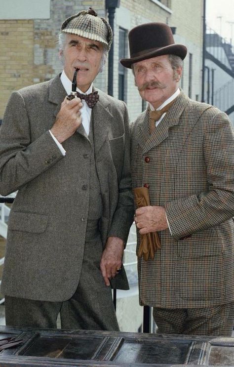 Christopher Lee as Holmes and Patrick Macnee as Watson Patrick Macnee, Tall Dark And Handsome, Dark And Handsome, Jeremy Brett, Dr Watson, Christopher Lee, Sir Arthur Conan Doyle, 221b Baker Street, Arthur Conan