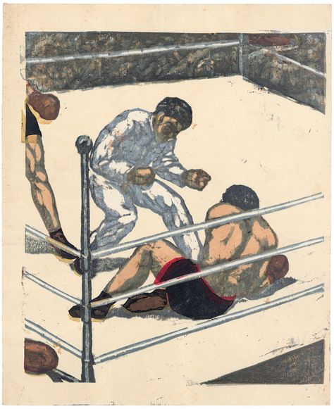 Knockdown Onchi Kōshirō (1891-1955) Kleurenhoutsnede op papier, 1932 P0523 Japanese Graphic Art, Ken Howard, Boxing Art, James Ensor, Shin Hanga, Maurice Denis, Painting Styles, Japanese Graphic, Art Japan